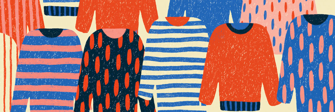 Colorful graphic sweaters in various patterns and styles on a light background.