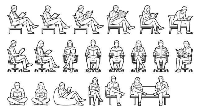 Architectural Entourage People Sitting Reading Book Newspaper Tablet Chair Bench Waiting Lounge Line Art Vector Set