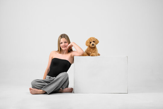 Studio portrait series of a smiling teenage girl interacting with her small fluffy puppy in a minimalist white studio. Authentic friendship between young owner and pet, emotional connection, care, aff