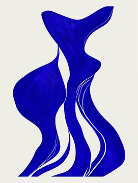 Electric Blue Abstract River Flow with White Organic Linework, Minimalist Contemporary Wall Art