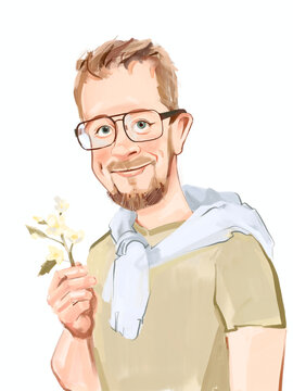 illustration of a cute guy holding a flower in his hand
