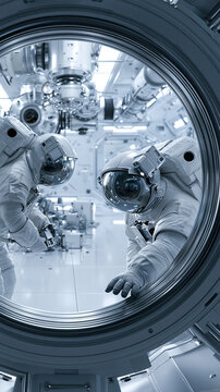 Two astronauts in white suits work inside a futuristic spacecraft.