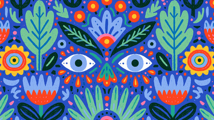 Fototapeta premium Vibrant floral pattern featuring eyes, leaves, and colorful flowers on a blue background.