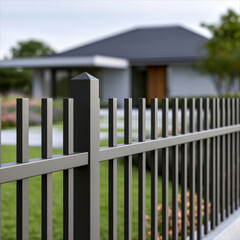 Fototapeta premium Modern suburban house fence vertical metal post, sleek design, green lawn, contemporary home exterior, peaceful atmosphere