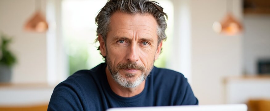Mature guy at a desk with a laptop in a sunny inviting space