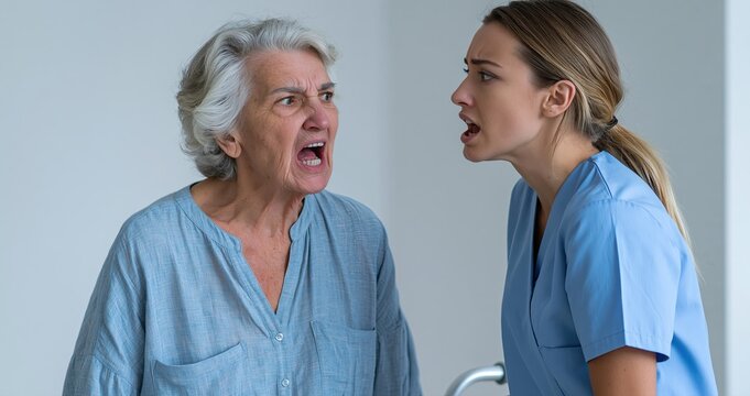 In a senior care setting, a frightened nurse tries to calm an upset elderly woman using a walking aid.