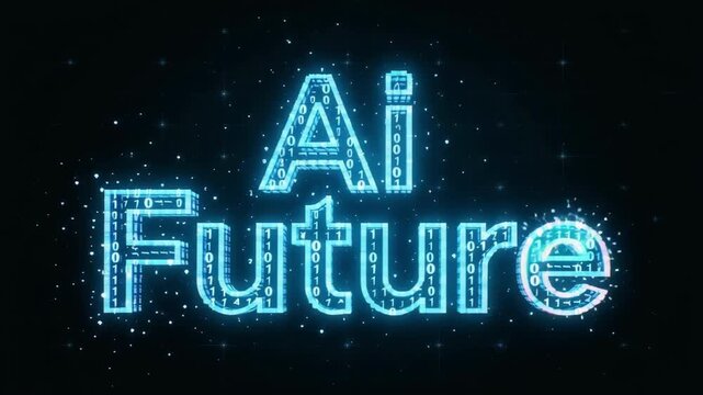 Ai future text glowing with bright blue binary code particles and digital stream light effects creates a dynamic motion animation sequence. This high contrast technological graphic element represents 