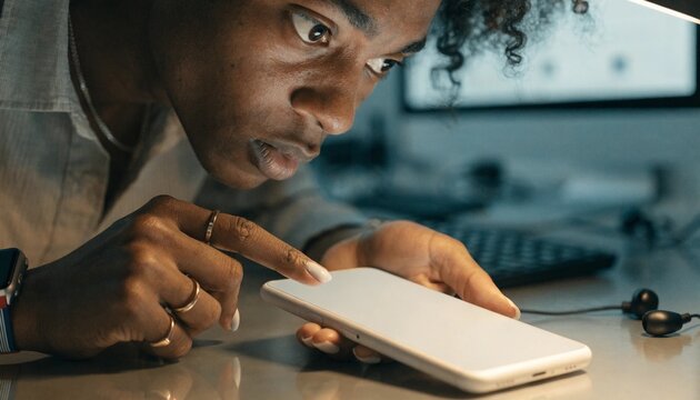 Professional IT specialist or mobile app developer looking at a blank smartphone screen mockup with a clean interface design, preparing for software testing and interface development, 8k.