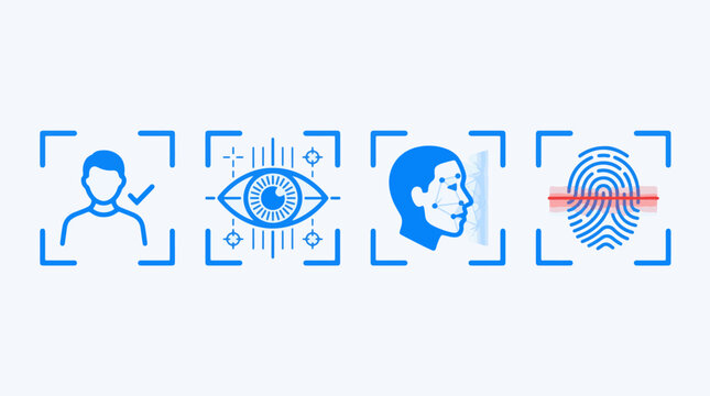 Biometric identification technology concept icons featuring blue vector linear illustrations of face recognition system iris eye security scanner verification approved profile and laser thumbprint sca