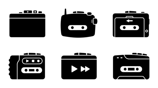 Retro Cassette Player Icons, Vintage Audio Devices, Portable Music Players, Set of 6