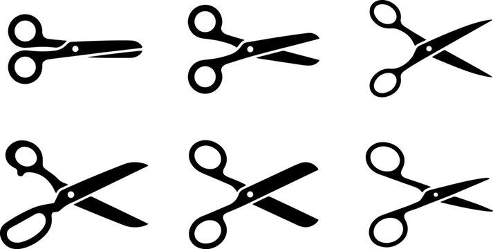 Scissors icons set featuring simple black solid vector silhouettes of stationery shears open and closed tailor clippers office cutting tools and grooming supply isolated on white background