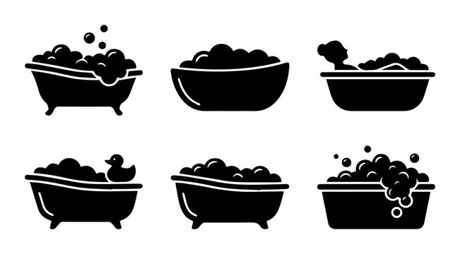 Bathtub Icons Set, Bubble Bath Vector Collection, Relaxing Hygiene Graphics