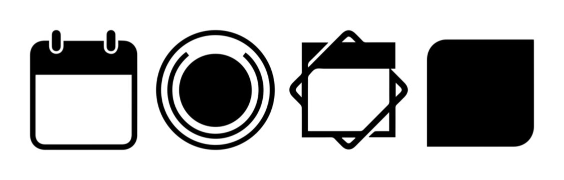 Set of 4 Black Icons: Calendar, Target, Square Frame, Rounded Square for UI Design