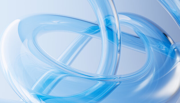 Continuous transparent blue liquid curve geometry. Looped translucent cyan glass. Perfect for pharmaceutical packaging, digital security branding, or premium software interface. 3d rendering
