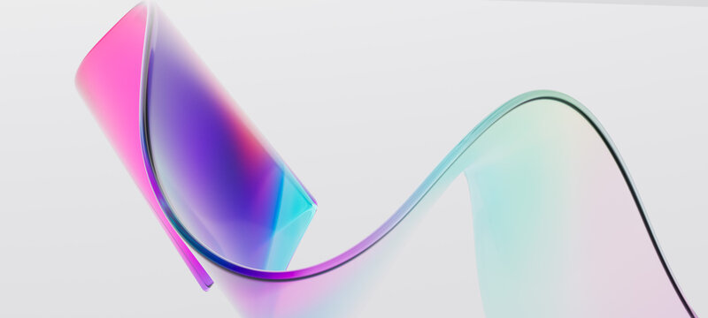 Sweeping translucent glass wave displaying vibrant holographic magenta and cyan tones. Conveys smooth digital transition. Perfect for technology corporate branding, interface design, or web background
