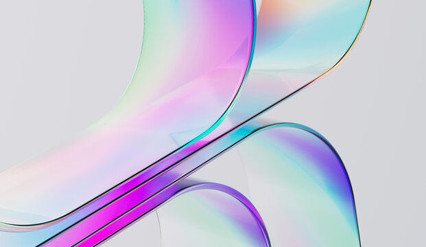 Interlocking translucent glass curves display vibrant chromatic dispersion. Conveys complex fluid dynamics and structural harmony. Perfect for tech innovation branding or luxury beauty advertising.