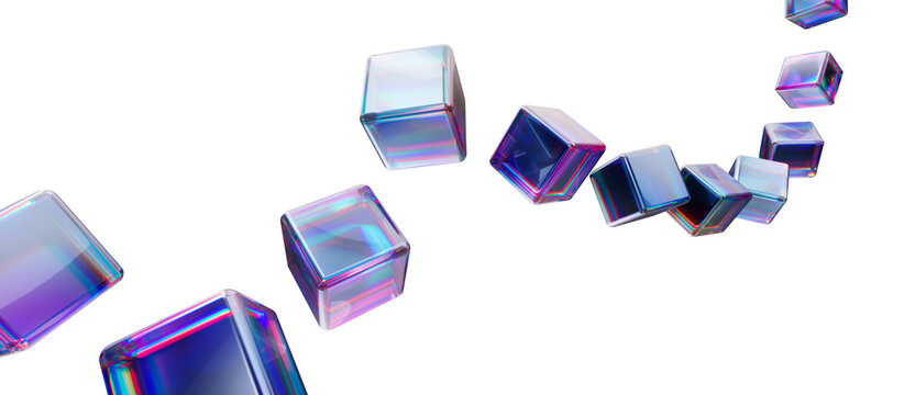 Chromatic translucent cubes tumbling across white space. Floating iridescent blocks following dynamic 3d rendering