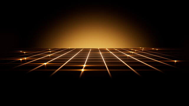Golden glowing perspective grid and shiny horizon. Retro-futuristic synthwave product display showcase design, 3d rendering