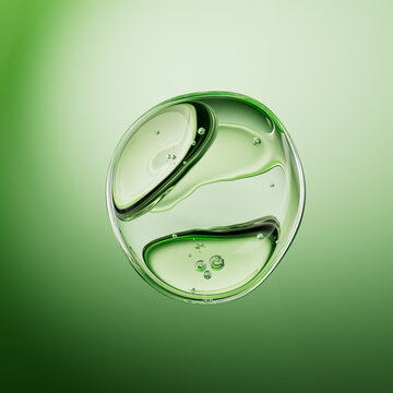 Floating translucent green gel sphere. 3d rendering designed for aloe vera extract or bakuchiol cosmetic plant-based ingredient concept.