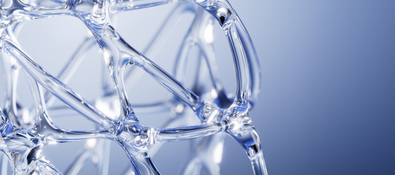 Liquid glass organic abstract lattice structure. 3d rendering intricate fiber microscopic view for medical and technology background