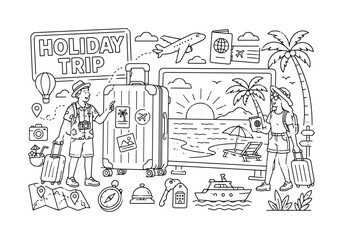 Obraz premium Holiday Vacation Travel. Clean outline line art banner with one wide holiday vacation scene, two travelers beside oversized suitcase and giant beach sunset board, small details plane, passport, hotel