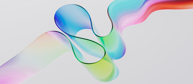 Glass iridescent ribbon wave flowing across white background. Minimal tech aesthetic futuristic fluid geometry for marketing banner and technology presentation. 3d rendering