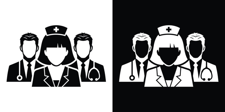 Medical team icon featuring a female nurse with a cross hat in front of male doctors with stethoscopes. Black and white vector illustration set.
