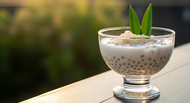 Tapioca pudding in glass bowl outdoors.