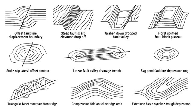 Geological Fault and Fold Diagrams Illustrating Tectonic Landforms and Earth Science Concepts.