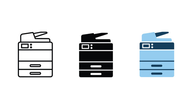 Office multifunction printer machine icon set showing paper scanner and copier in line art and silhouette and flat blue color design for business documentation and printing concepts