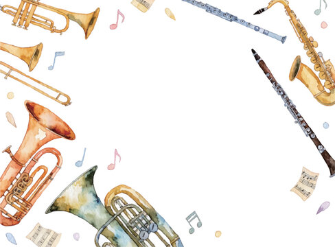 Watercolor musical instruments frame with notes