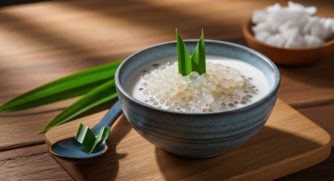Coconut Rice in Blue Bowl Garnished.