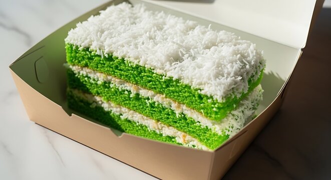 Delicious green cake with coconut flakes.