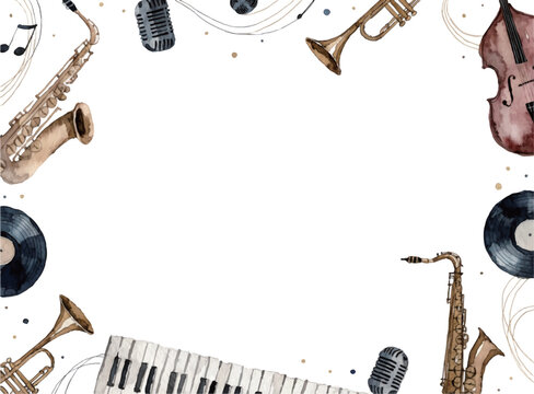 Watercolor jazz music frame with instruments and musical notes