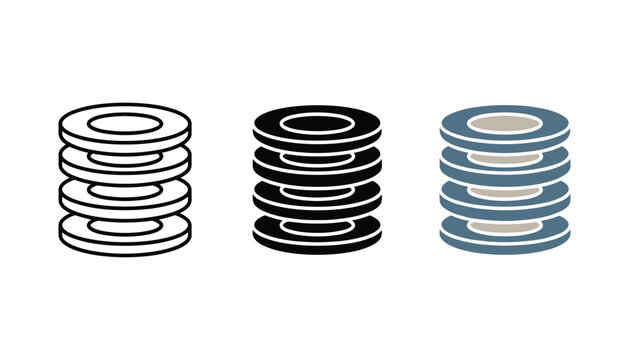 Stack of plates icon set featuring kitchenware and dinnerware in three distinct styles for restaurant and cooking design assets