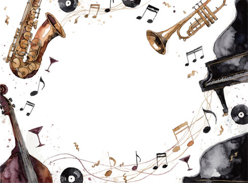 Watercolor jazz music frame with instruments and musical notes