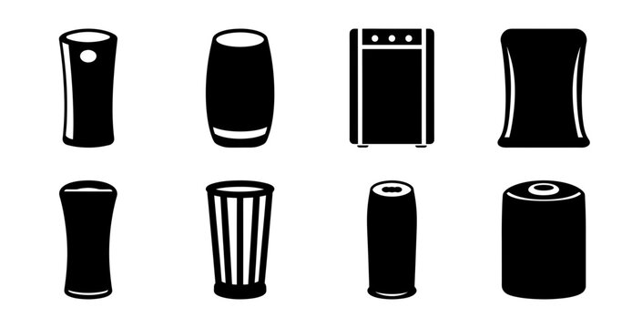 Flat pack black drink container icons set - Minimalist black icons of various drink containers including bottles, cans, and a microwaveable tray for modern design projects.