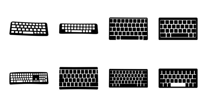 Flat line art keyboard icons set - Minimalist black and white keyboard icons in a flat design style, ideal for tech and digital interfaces.