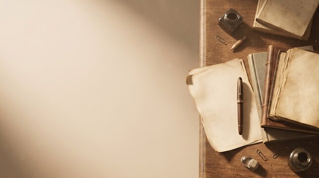 Vintage top view background featuring a fountain pen on old parchment paper, stack of antique books, and inkwell with ample copy space.