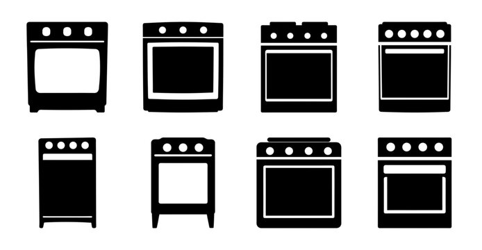 Flat pack black and white oven icons set - Minimalist line art icons showing different oven styles in black and white for modern design projects.