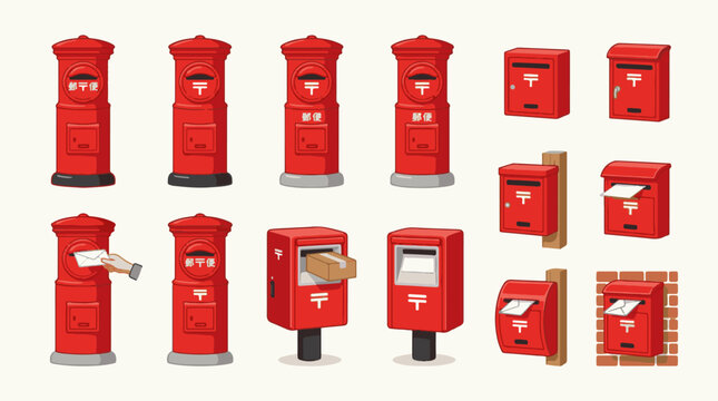 Traditional and modern red postbox vector collection featuring british pillar boxes and wall mounted mailboxes with incoming envelopes isolated on a white background