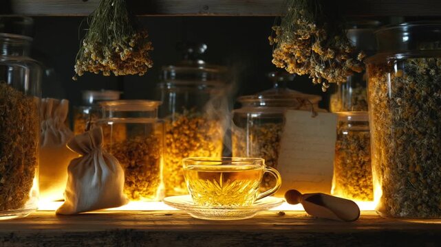Hot steaming chamomile tea in glass cup on wooden shelf. Dried herbs in jars and hanging flowers in vintage apothecary shop. Natural herbal medicine and homeopathy concept