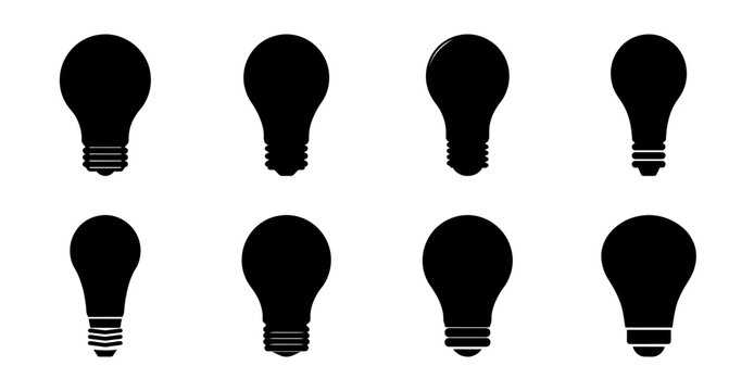 Ten black light bulb icons in grid layout - A clean, modern set of ten black light bulb icons arranged neatly in two rows of five for easy use in designs, presentations, or digital projects.