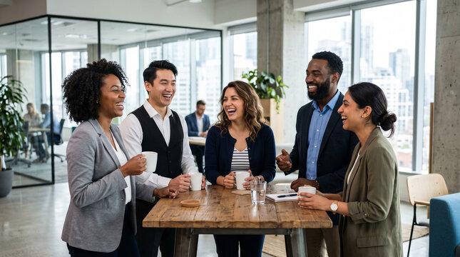 A diverse group of young business professionals shares laughs over coffee in a bright modern office with city skyline views, perfectly suited for corporate culture and team dynamics content.