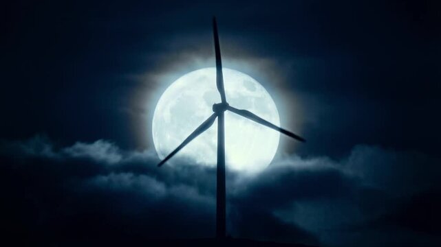 Silhouette of wind turbine spinning against giant full moon and dark clouds at night. Renewable green energy generation and ecology concept. Atmospheric midnight landscape