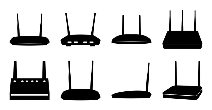 Black wireless routers and access points set - Eight black wireless routers and access points icons arranged neatly in two rows for network or tech illustrations.