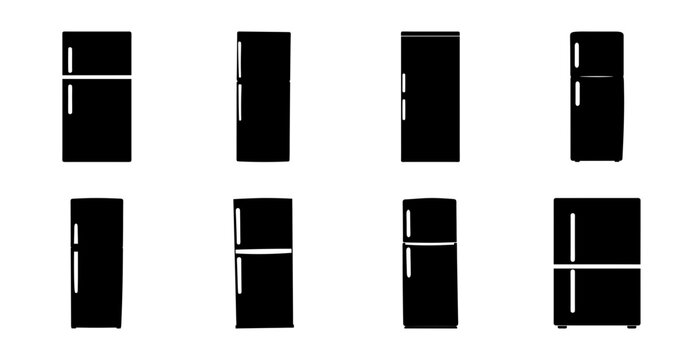 Modern black refrigerator flat pack icons - Set of simple, clean black refrigerator icons in flat design style, showing different door configurations for stock use.