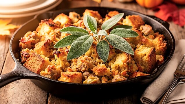 Cornbread stuffing in cast iron skillet on rustic wood table. Traditional homemade side dish served for Thanksgiving dinner celebration. Culinary autumn food preparation concept.
