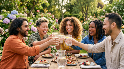 Obraz premium Multicultural friends smiling and raising clear glasses of sparkling water around a wooden garden table, enjoying an elegant outdoor brunch with flowers, greenery, plates of food, and natural light