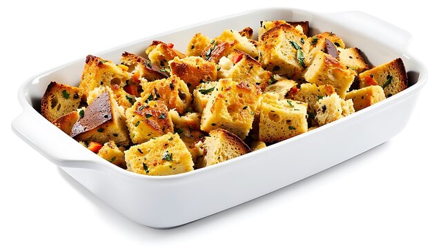 Baked bread stuffing in a white ceramic baking dish. Traditional Thanksgiving savory side dish with herb seasoning. Homemade holiday meal preparation for festive dinner table appetizer.